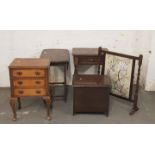 A oak drop leaf table fire screen oak box and a single drawer side table.