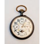 A French base metal goliath pocket watch with subsidiary dials for minutes, day, date, and month