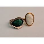 A Scandinavian style enamel ring, ring size D½, along with a cameo ring, ring size G½.