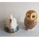 Two Royal Crown Derby figures swan and owl.