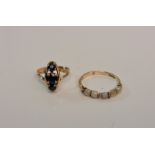 A hallmarked 9ct gold three stone sapphire ring, ring size D, and a hallmarked 9ct yellow gold