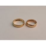 Two hallmarked 9ct yellow gold wedding band rings, one size K, approx. weight 4.3g, other ring