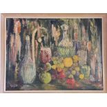 Oil on board depicting still life of fruit with glasses. Signed Indistinctively signed. Approx