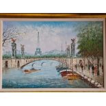 Oil on canvas depicting Paris with Seine, bridge and Eiffel tower in background. Indistinctively