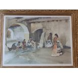 RUSSELL FLINT. Print signed in pencil to mount depicting women by a stream. Approx 54cm x 59cm.(