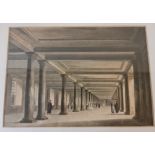 Three framed prints depicting 19th century university library, figures in a large covered walkway