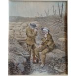 K.B. Hancock. An oil on canvas of an injured 1st WW soldier in a trench with another soldier smoking