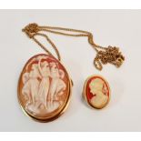 A cameo pendant/brooch, stamped 750 on frame, approx. 4cms x 3.4cms, on link chain approx. length