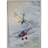 Ken Aitken. Watercolour of a German and British biplanes in a dog fight with clouds and fields