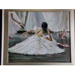 J GASTON. Signed oil on canvas depicting a ballerina resting on the floor with others dancing behind