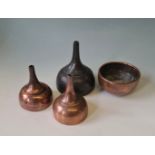 Two Joseph Lucas copper No.32 petrol funnels and one No.33 with bowl.