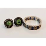 A pair of green hardstone stud earrings and a sapphire and paste full eternity ring, ring size P.