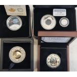 Four boxed silver proof coins by various mints including Australian two dollar silver antique