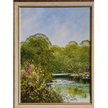 TERRY EVANS. Signed, oil on canvas depicting river scene with trees and flowers. Approx 29cm x
