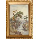 LOUIE VAUGHAN, signed, dated 1892, oil on board depicting a river with trees either side. Approx