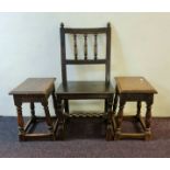 Two small oak tables and oak chair.