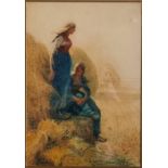 Watercolour depicting two women in harvest scene. Indistinctly signed ??Brook 1911, Approx 23cm x