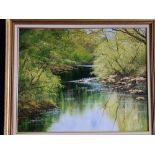 TERRY EVANS. Signed, oil on canvas depicting river scene with trees. Approx 75cm x 59cm.