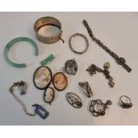 A collection of silver, some hallmarked, some stamped to include, two bangles, brooches, pendant,
