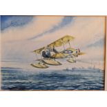 Ken. Aitken. Watercolour of a British biplane flying low over the sea with warships in the distance.