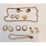 A collection of yellow metal earrings, a hallmarked 9ct yellow gold rope chain, approx. length