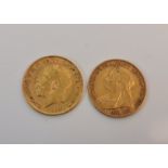 A 1914 George V half sovereign and a 1901 Queen Victoria half sovereign