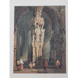 SAMUEL PROUT. Signed, watercolour depicting the interior of a cathedral with figures. Approx 31cm