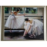 J GASTON. Signed oil on canvas depicting two ballerinas. Approx 59.5cm x 49cm.