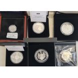 Six silver proof coins including £5 commemorating 85th Anniversary of the three Kings, 65th