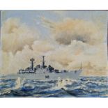 An oil on board of a warship D18. Signed Wood. 50.5cm x 40.5cm.