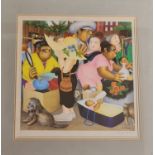 BERYL COOK, signed, print depicting people shopping at a market. Approx 36cm x 36cm. (ARR)