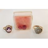 A hallmarked 9ct yellow gold amethyst and paste cluster ring, ring size L, and a rubbed paste