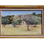 Oil on canvas depicting cottage in a field with trees. Indistinctly signed. Approx 53cm x 31cm.