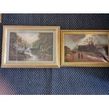 Two watercolours - one depicting women talking on a road and another depicting a waterfall with