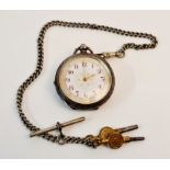 A silver decorative pocket watch, white dial with pattern rim, on albert chain and t-bar with two