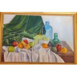 Oil on canvas depicting a still life of fruit and glass bottles on a table. Approx 119cm x 79cm.