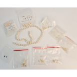 Various loose pearls and a single row of pearls A/F, together with a bag containing various cultured