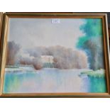 K.B. Hancock. Two framed acrylic studies of a river with building in distance signed, the other work