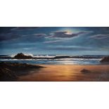 PETER COSSLETT. Signed, oil on canvas depicting beach scene at night. Approx 80cm x 41cm.(ARR)