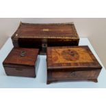 A 19th century rosewood writing slope box brass inlay to front and top with two smaller boxes.
