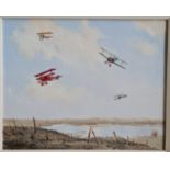 K.B. Hancock. An oil on canvas of biplanes in a dog fight with The Red Baron over no man's lands.