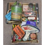 Two boxes of advertising tins OXO, C.W.S and metal signs etc.
