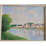 K.B.Hancock. Acrylic on board of a wide river with building on the far side. Signed. 44cm x 34cm