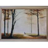 RAYMOND WITCHARD. Signed, oil on board depicting figures walking in a forest. Approx 75cm x 49cm.