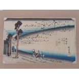 A Japanese picture depicting figures playing musical instruments. Approx 36cm x 23cm.