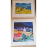 8 large similarly framed colourful prints board depicting a variety of landscapes including a