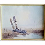 K.B. Hancock. An oil on canvas of a 1st WW German biplane shot down in no man's land entitled "