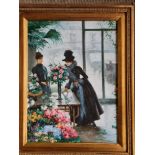 P. MOSIN. Signed oil on board depicting two Victorian women with flowers. Approx 29cm x 39cm.