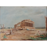 An oil on board depicting the Acropolis. Indistinctly signed and see label verso.