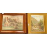 John Cotton. Two signed pictures. One watercolour depicting a cottage in a field, one oil on board